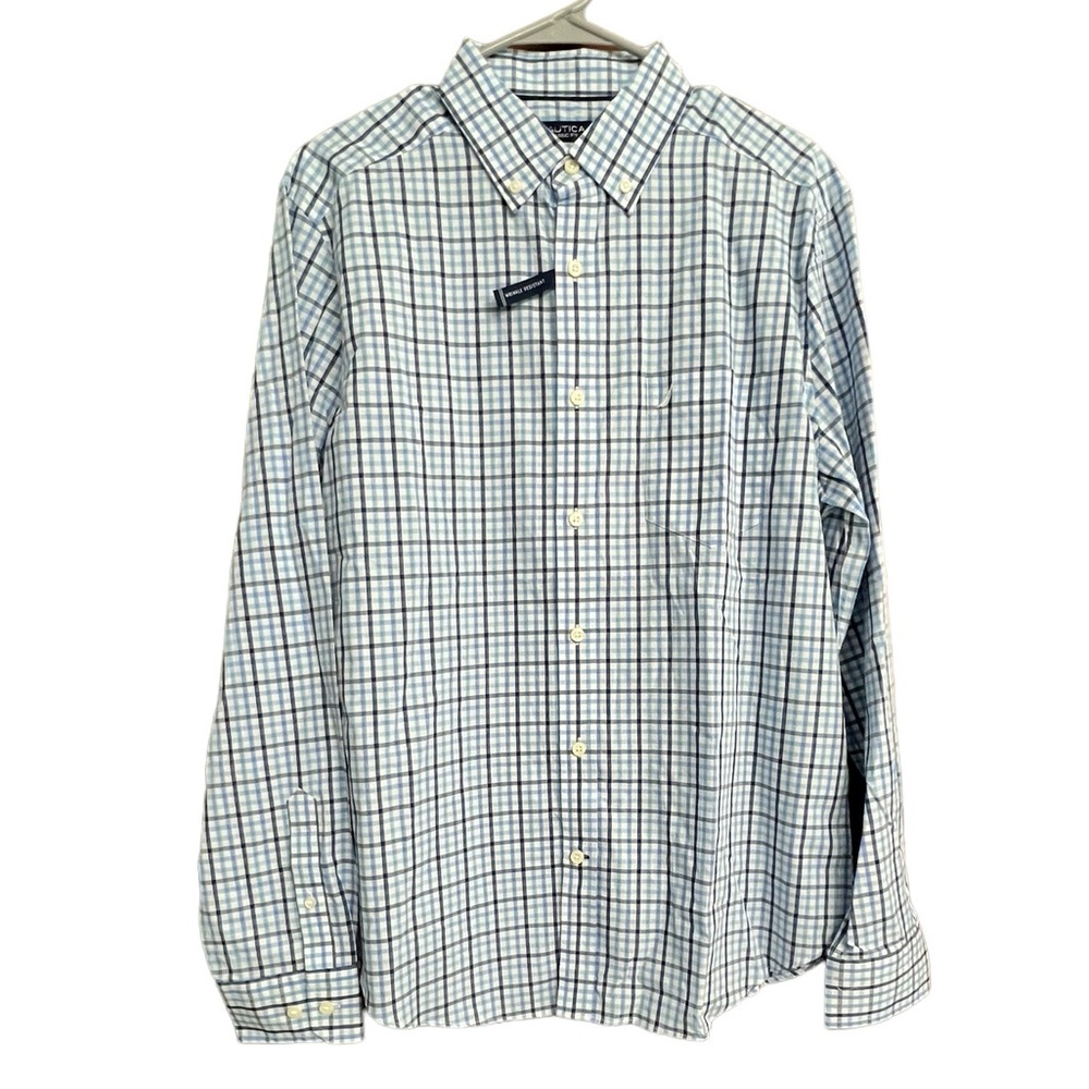 Nautica Plaid Check Blue Navy Long Sleeve Dress Shirt NWT Size M‎